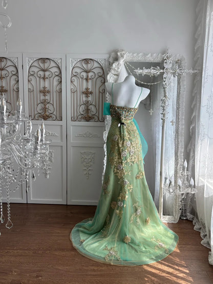 Vibrant Sage Green Spaghetti Straps Sweetheart Rhinestone Beaded Floral Appliqué Bow Mermaid Long Prom Dress AD1415