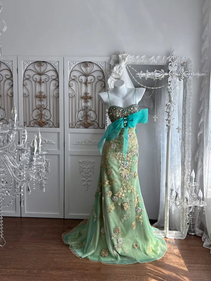 Vibrant Sage Green Spaghetti Straps Sweetheart Rhinestone Beaded Floral Appliqué Bow Mermaid Long Prom Dress AD1415
