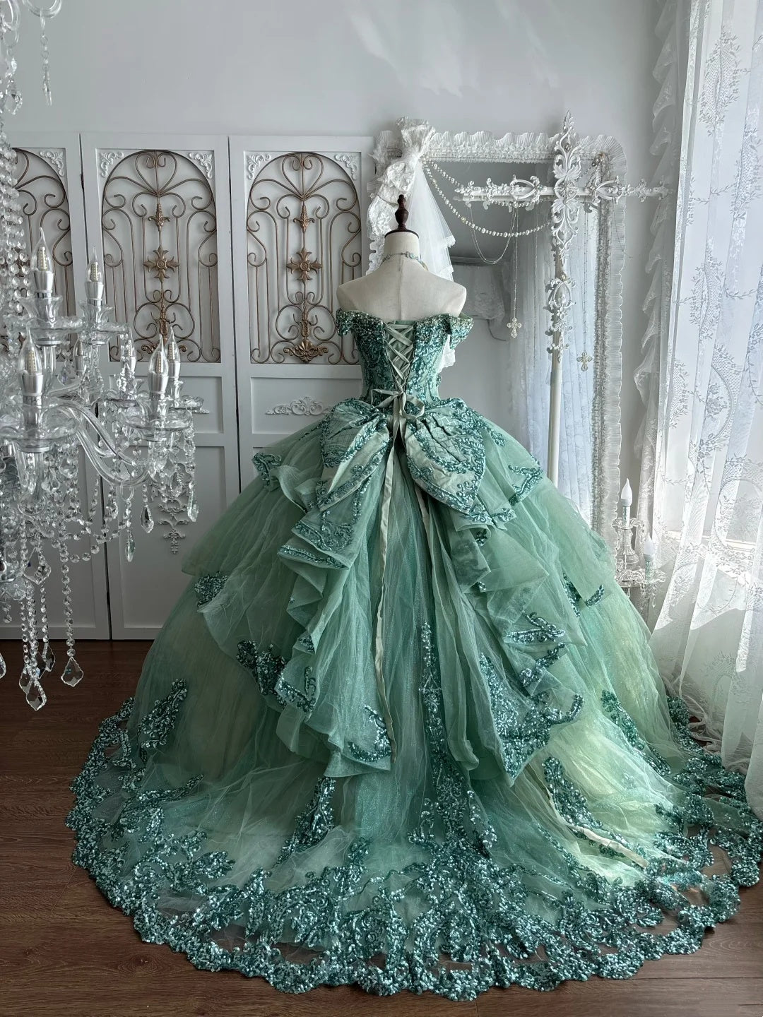 Luxurious Sage Green Off Shoulder Sweetheart Heavy Beaded Sequin Ball Gown Long Prom Dress AD1416