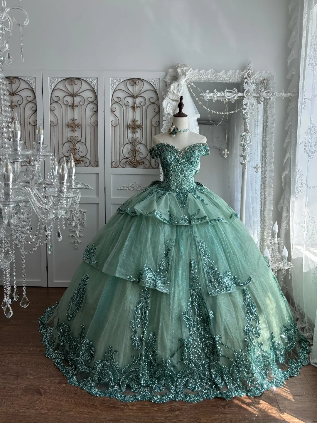 Luxurious Sage Green Off Shoulder Sweetheart Heavy Beaded Sequin Ball Gown Long Prom Dress AD1416