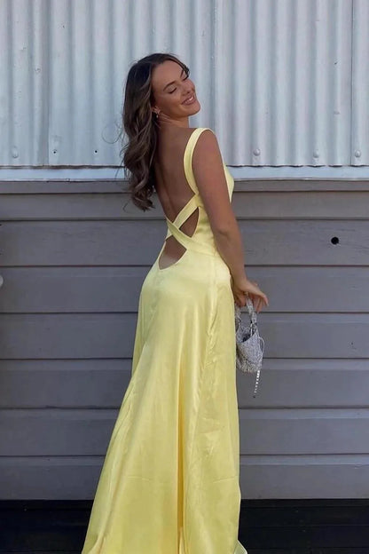 Elegant Yellow V-Neck Backless Satin Prom Gown With Cross Straps AD142
