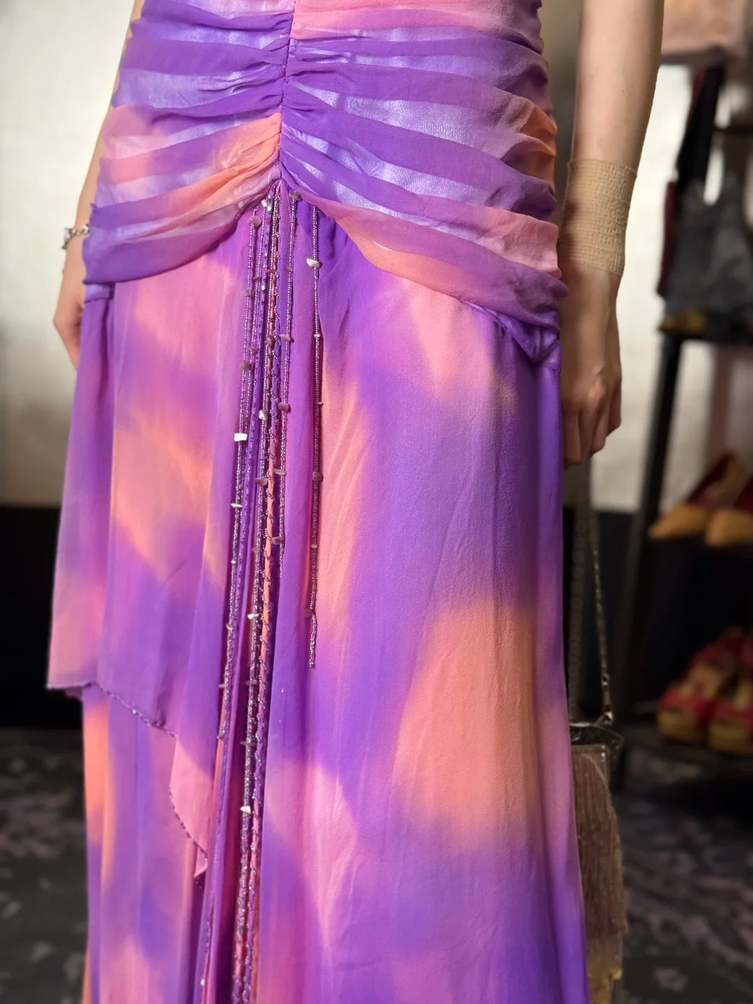 Stunning Purple Pink Tie Dye Spaghetti Straps Beaded Ruched Mermaid Long Prom Dress AD1424