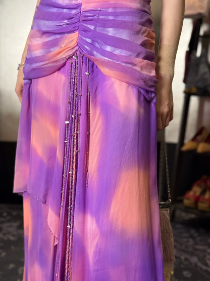Stunning Purple Pink Tie Dye Spaghetti Straps Beaded Ruched Mermaid Long Prom Dress AD1424
