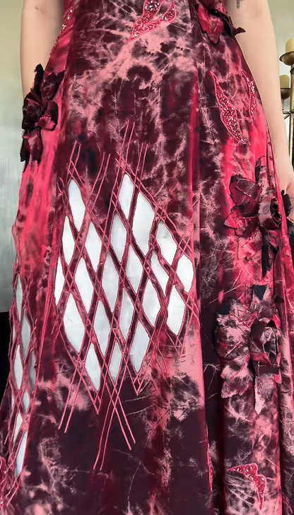 Bold Burgundy Spaghetti Straps 3D Floral Cutout Beaded A-Line Long Prom Dress AD1425