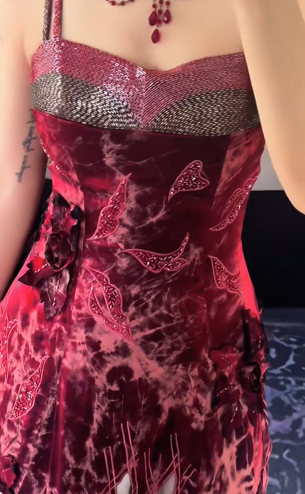 Bold Burgundy Spaghetti Straps 3D Floral Cutout Beaded A-Line Long Prom Dress AD1425