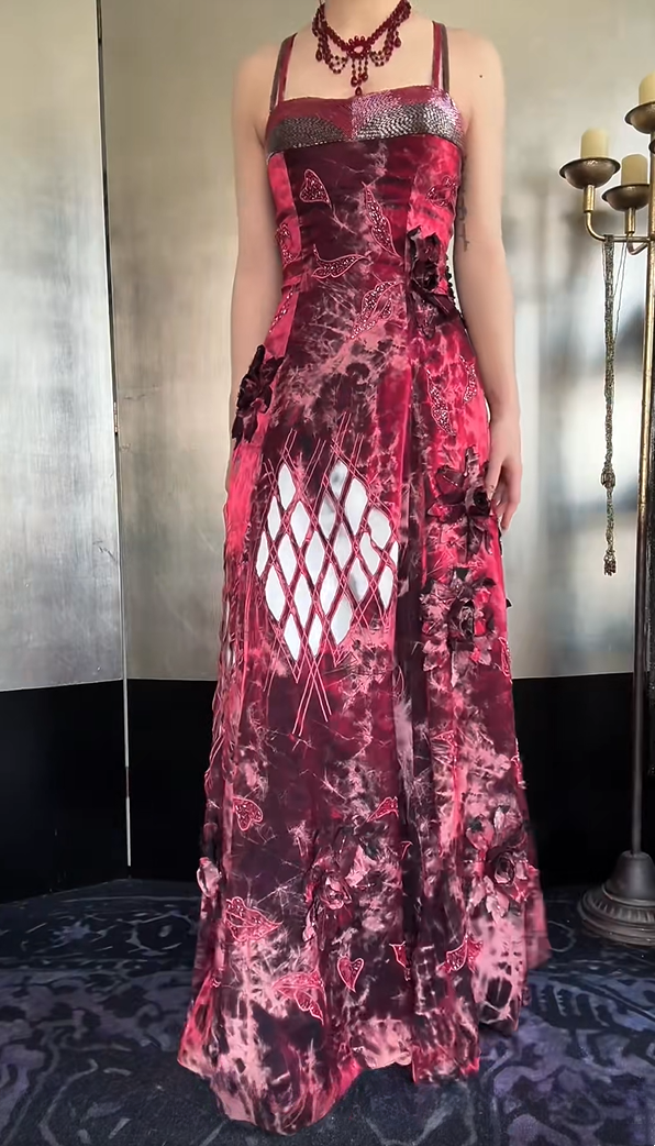 Bold Burgundy Spaghetti Straps 3D Floral Cutout Beaded A-Line Long Prom Dress AD1425