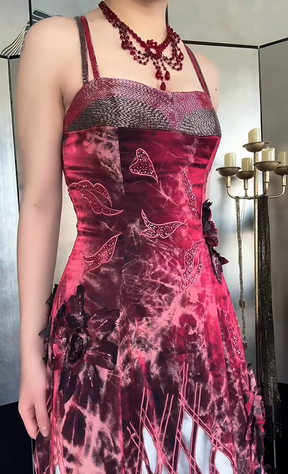 Bold Burgundy Spaghetti Straps 3D Floral Cutout Beaded A-Line Long Prom Dress AD1425