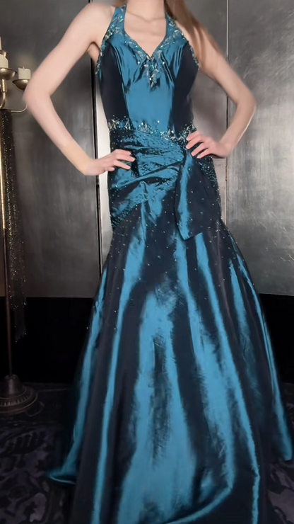 Luxury Teal Halter V-Neck Beaded Ruched Satin Mermaid Long Prom Dress With Shawl AD1426