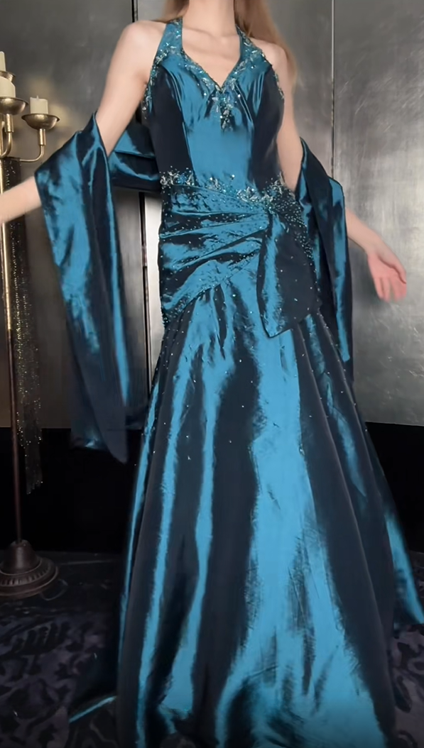 Luxury Teal Halter V-Neck Beaded Ruched Satin Mermaid Long Prom Dress With Shawl AD1426