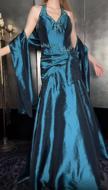 Luxury Teal Halter V-Neck Beaded Ruched Satin Mermaid Long Prom Dress With Shawl AD1426