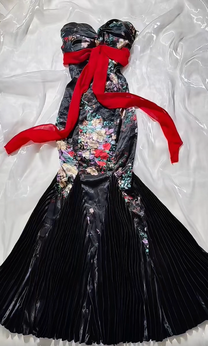 Gorgeous Black Floral Strapless Sweetheart Red Ribbon Pleated Mermaid Long Prom Dress AD1429
