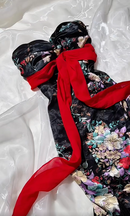 Gorgeous Black Floral Strapless Sweetheart Red Ribbon Pleated Mermaid Long Prom Dress AD1429
