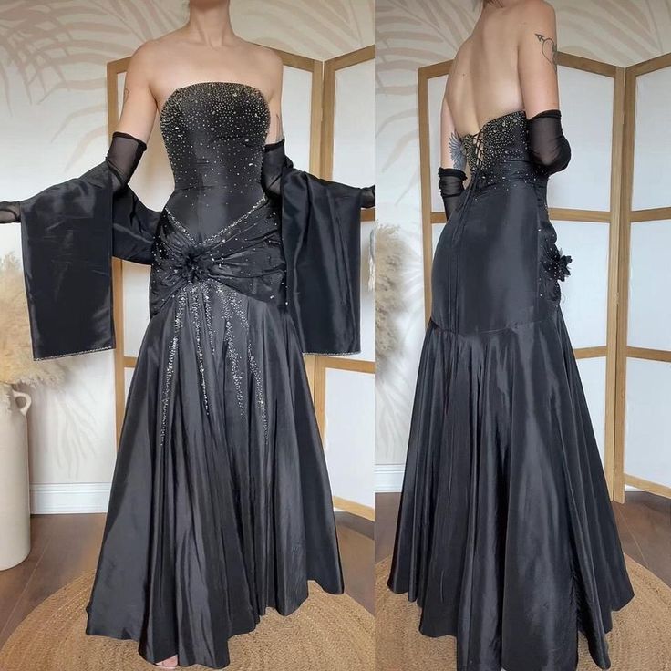 Glam Black Strapless Beaded Satin 3D Floral Mermaid Long Prom Dress With Shawl AD1432