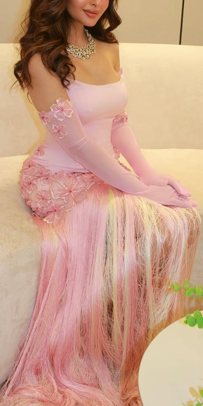 Stunning Pink Strapless 3D Floral Fringe Bodycon Long Prom Dress With Matching Long Gloves AD1433