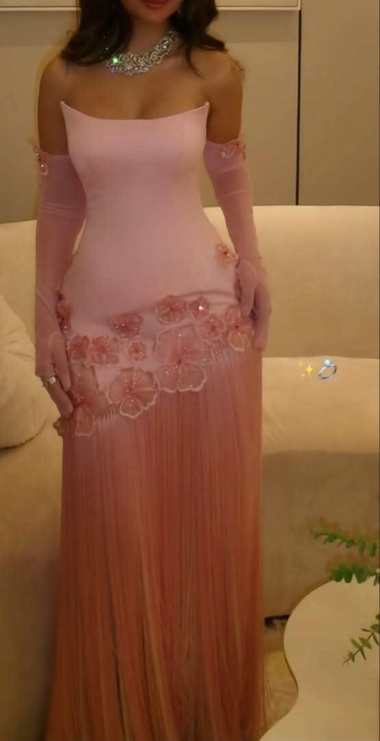 Stunning Pink Strapless 3D Floral Fringe Bodycon Long Prom Dress With Matching Long Gloves AD1433