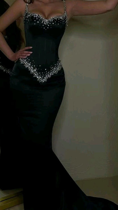 Opulent Black Spaghetti Straps Sweetheart Rhinestone Beaded Mermaid Long Prom Dress AD1434