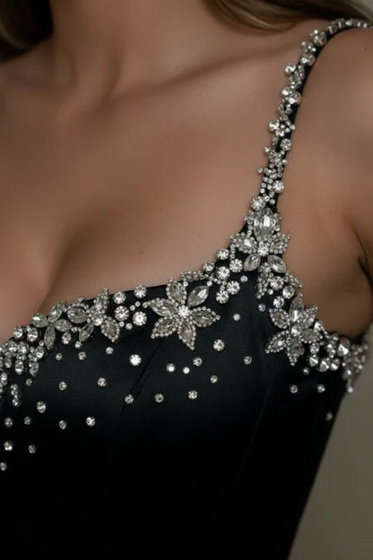 Opulent Black Spaghetti Straps Sweetheart Rhinestone Beaded Mermaid Long Prom Dress AD1434