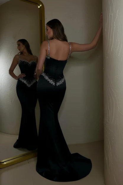 Opulent Black Spaghetti Straps Sweetheart Rhinestone Beaded Mermaid Long Prom Dress AD1434