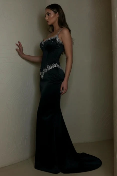 Opulent Black Spaghetti Straps Sweetheart Rhinestone Beaded Mermaid Long Prom Dress AD1434