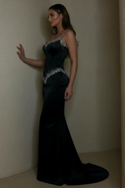 Opulent Black Spaghetti Straps Sweetheart Rhinestone Beaded Mermaid Long Prom Dress AD1434