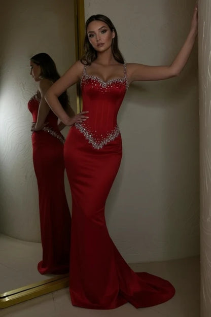 Opulent Black Spaghetti Straps Sweetheart Rhinestone Beaded Mermaid Long Prom Dress AD1434