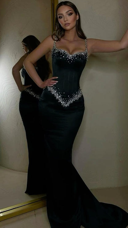 Opulent Black Spaghetti Straps Sweetheart Rhinestone Beaded Mermaid Long Prom Dress AD1434