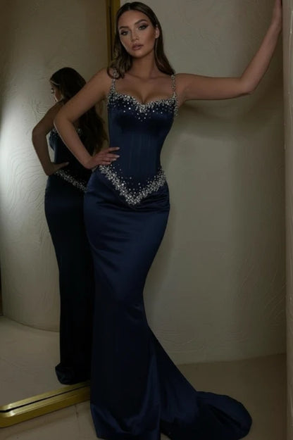 Opulent Black Spaghetti Straps Sweetheart Rhinestone Beaded Mermaid Long Prom Dress AD1434