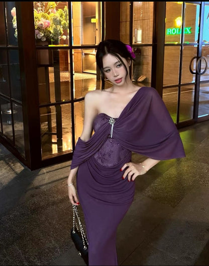Elegant Purple Off Shoulder Draped Ruched Rhinestone Lace Corset Mermaid Long Evening Dress Porm Dress AD1435