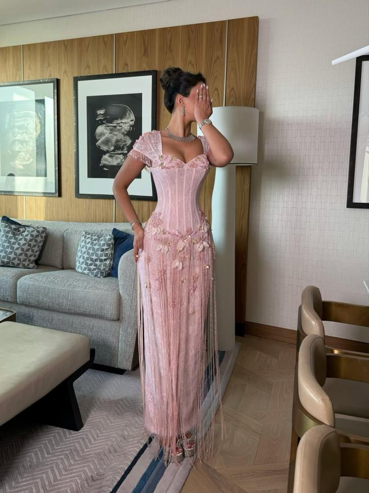 Romantic Pink Sweetheart Neck Short Sleeve Beaded 3D Floral Fringe Lace Corset Bodycon Long Prom Dress AD1436