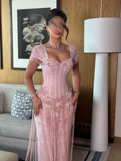 Romantic Pink Sweetheart Neck Short Sleeve Beaded 3D Floral Fringe Lace Corset Bodycon Long Prom Dress AD1436