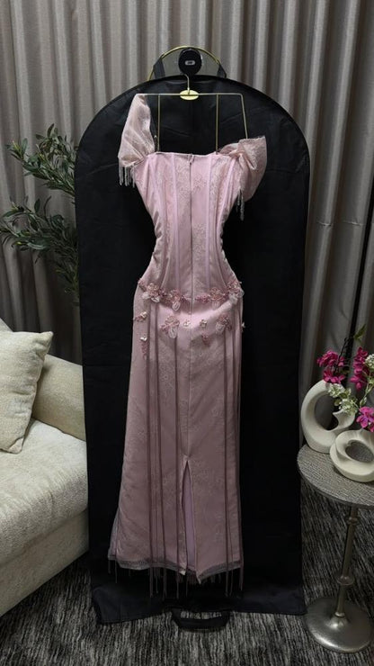 Romantic Pink Sweetheart Neck Short Sleeve Beaded 3D Floral Fringe Lace Corset Bodycon Long Prom Dress AD1436