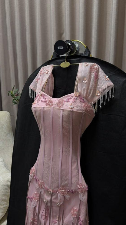 Romantic Pink Sweetheart Neck Short Sleeve Beaded 3D Floral Fringe Lace Corset Bodycon Long Prom Dress AD1436