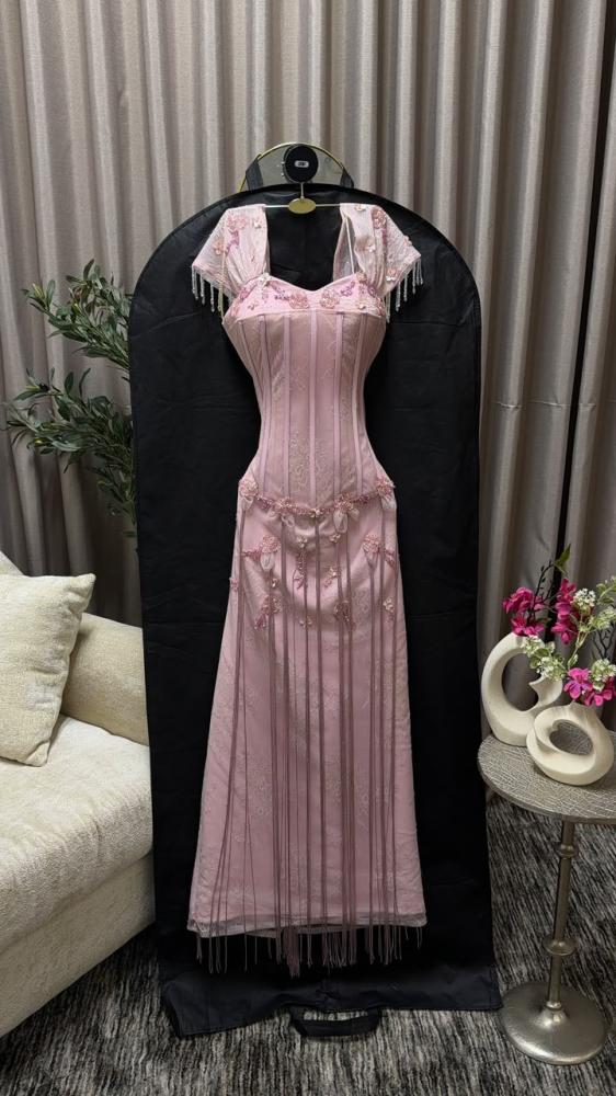 Romantic Pink Sweetheart Neck Short Sleeve Beaded 3D Floral Fringe Lace Corset Bodycon Long Prom Dress AD1436