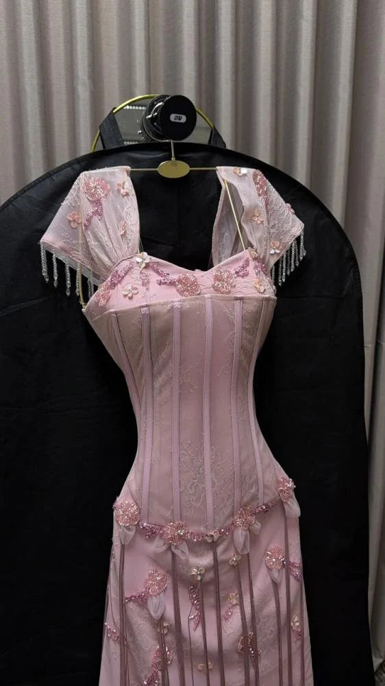 Romantic Pink Sweetheart Neck Short Sleeve Beaded 3D Floral Fringe Lace Corset Bodycon Long Prom Dress AD1436