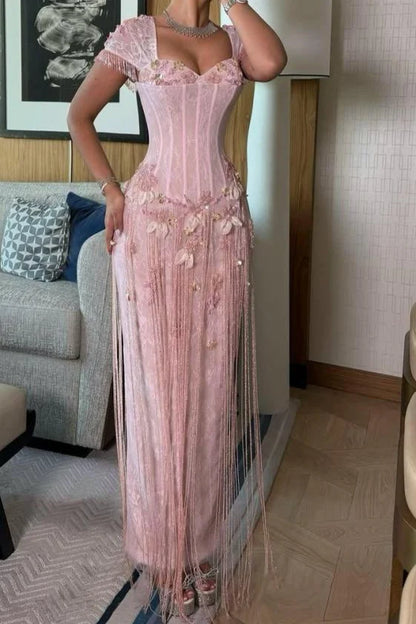 Romantic Pink Sweetheart Neck Short Sleeve Beaded 3D Floral Fringe Lace Corset Bodycon Long Prom Dress AD1436