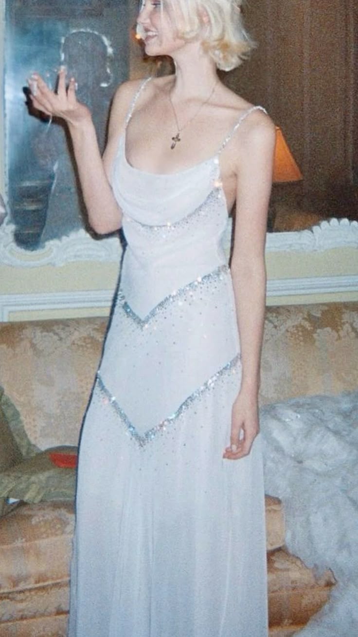 Ethereal White Spaghetti Straps Cowl Neck Beaded A-Line Long Prom Dress AD1437