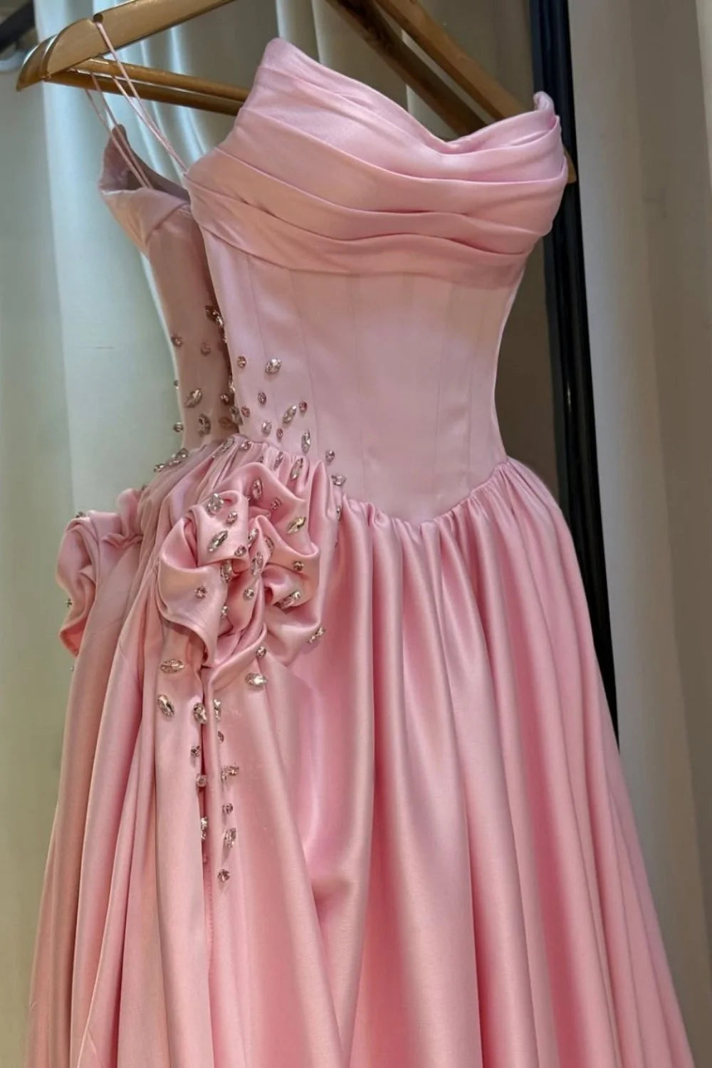 Pale Pink Satin Strapless Homecoming Dress With Rhinestone 3D Flower And High Slit AD144