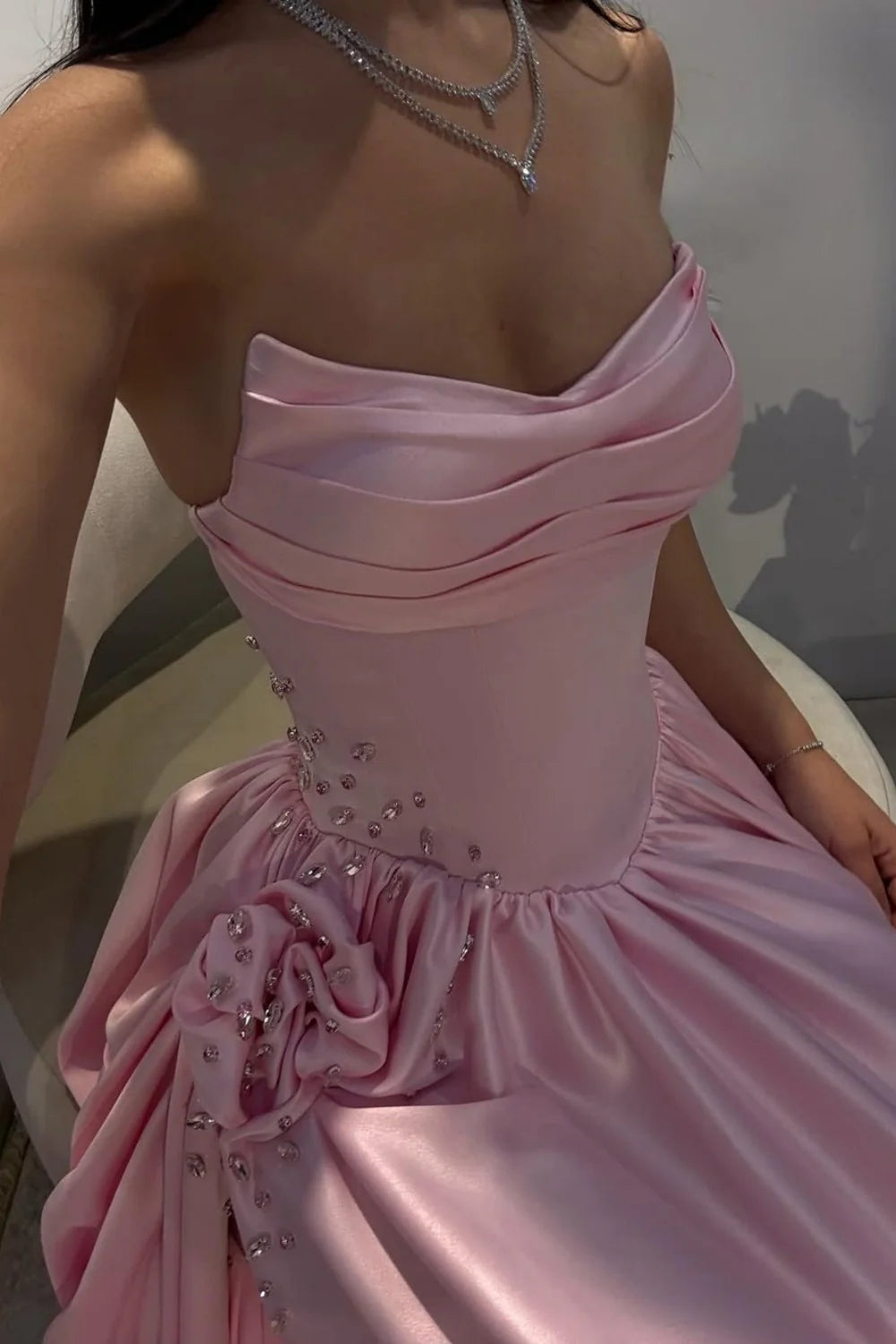 Pale Pink Satin Strapless Homecoming Dress With Rhinestone 3D Flower And High Slit AD144