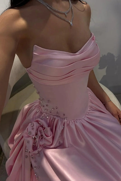 Pale Pink Satin Strapless Homecoming Dress With Rhinestone 3D Flower And High Slit AD144