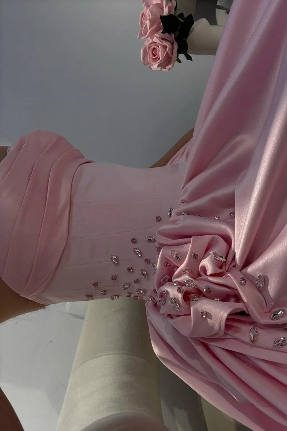 Pale Pink Satin Strapless Homecoming Dress With Rhinestone 3D Flower And High Slit AD144