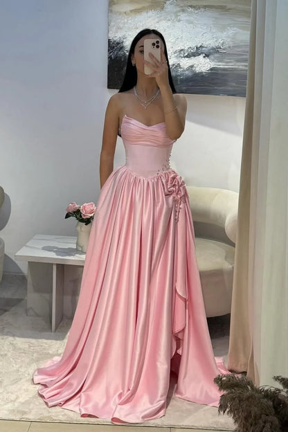 Pale Pink Satin Strapless Homecoming Dress With Rhinestone 3D Flower And High Slit AD144