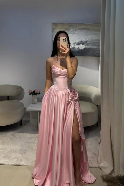Pale Pink Satin Strapless Homecoming Dress With Rhinestone 3D Flower And High Slit AD144