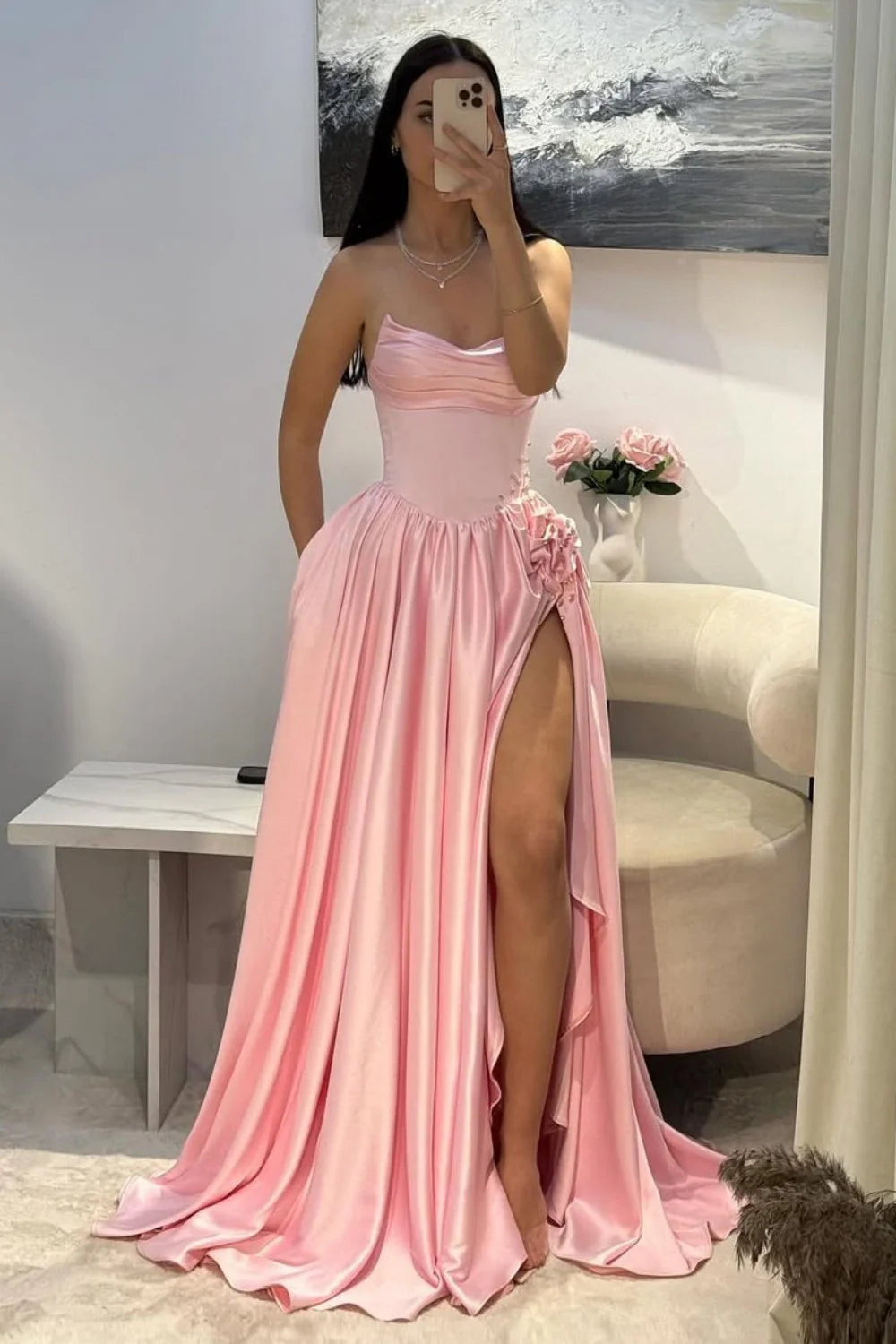 Pale Pink Satin Strapless Homecoming Dress With Rhinestone 3D Flower And High Slit AD144