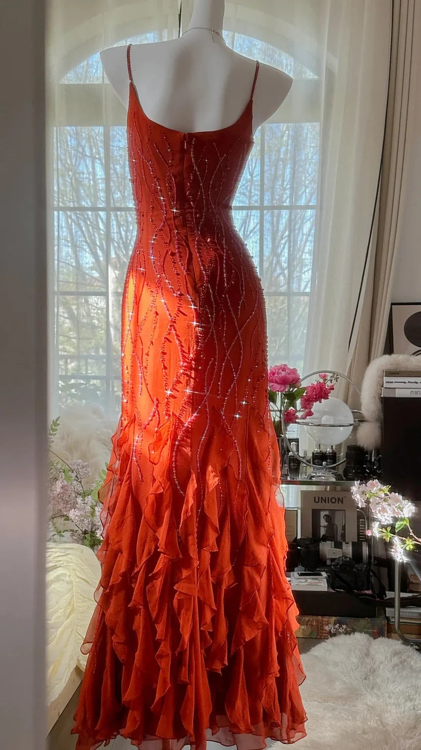 Vibrant Red Spaghetti Straps Square Neck Beaded Mermaid Long Prom Dress AD1440