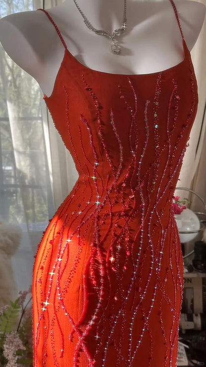 Vibrant Red Spaghetti Straps Square Neck Beaded Mermaid Long Prom Dress AD1440