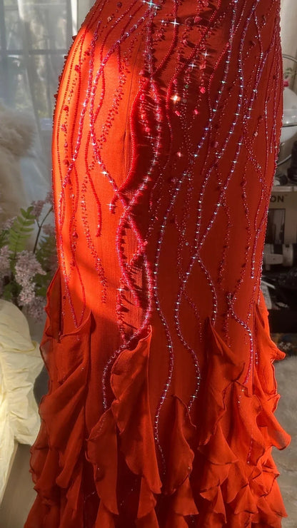 Vibrant Red Spaghetti Straps Square Neck Beaded Mermaid Long Prom Dress AD1440