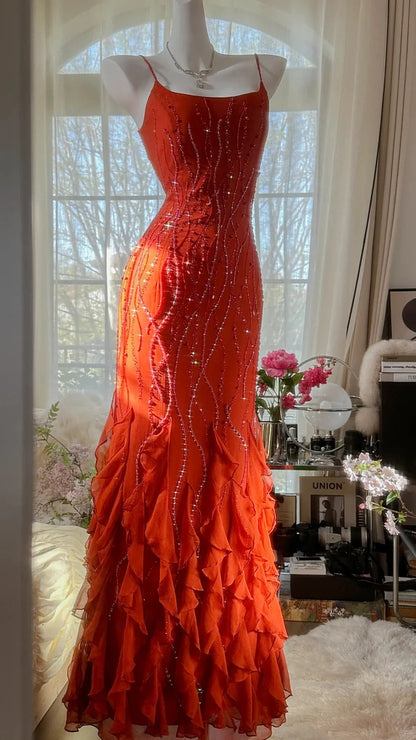 Vibrant Red Spaghetti Straps Square Neck Beaded Mermaid Long Prom Dress AD1440