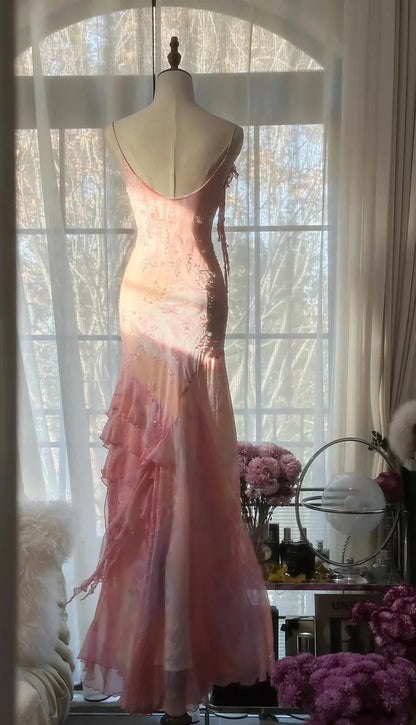 Dreamy Pink Spaghetti Straps Cowl Neck Floral Beaded Mermaid Long Evening Dress Prom Dress AD1441