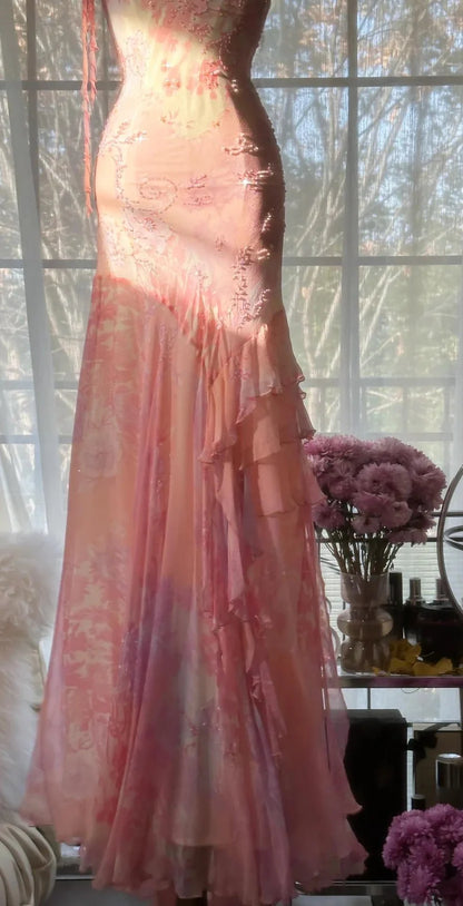 Dreamy Pink Spaghetti Straps Cowl Neck Floral Beaded Mermaid Long Evening Dress Prom Dress AD1441