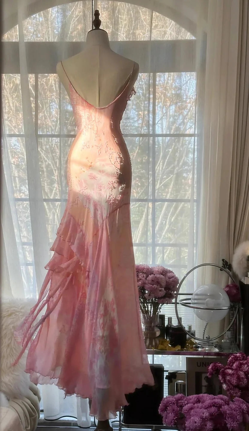 Dreamy Pink Spaghetti Straps Cowl Neck Floral Beaded Mermaid Long Evening Dress Prom Dress AD1441